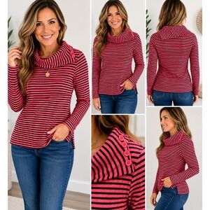Talbots Petite Striped Cowl‎ Neck Long Sleeve Pullover Top Pink Black SP